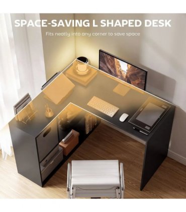 HOMCOM 110 cm L-Shaped Desk, Small Computer Desk with Fabric Drawer and Storage Shelves for Home Office, Study, Black