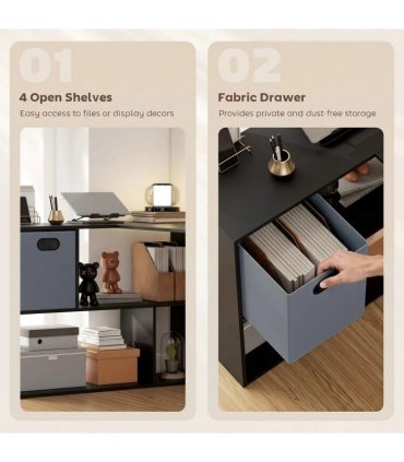 HOMCOM 110 cm L-Shaped Desk, Small Computer Desk with Fabric Drawer and Storage Shelves for Home Office, Study, Black