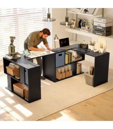 HOMCOM 110 cm L-Shaped Desk, Small Computer Desk with Fabric Drawer and Storage Shelves for Home Office, Study, Black