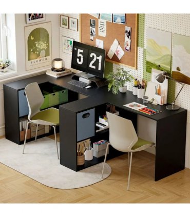 HOMCOM 110 cm L-Shaped Desk, Small Computer Desk with Fabric Drawer and Storage Shelves for Home Office, Study, Black