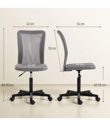Vinsetto Computer Desk Chair, Mesh Office Chair with Adjustable Height and Swivel Wheels, Armless Study Chair, Grey