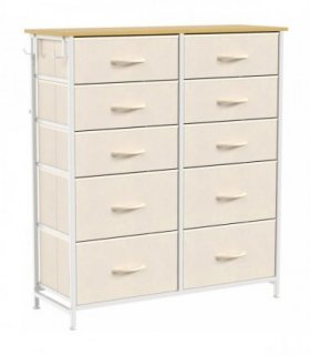 HOMCOM Chest of Drawers, Dresser with 10 Fabric Drawers, Tall Storage Unit with 4 Pockets and 2 Hooks Steel Frame, Beige