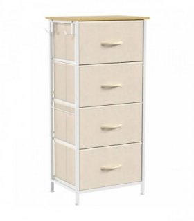 HOMCOM Chest of Drawers with 4 Fabric Drawers, Tall Storage Unit with 2 Hooks and Steel Frame for Bedroom, Beige