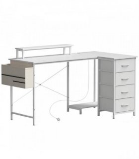 HOMCOM L Shaped Gaming Desk Reversible Power Outlets Corner Desk Storage Drawers Monitor Shelf 150 cm White