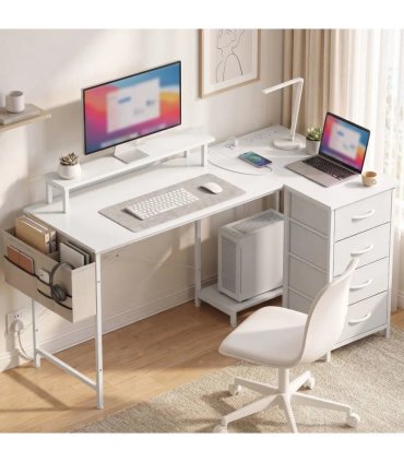 HOMCOM L Shaped Gaming Desk Reversible Power Outlets Corner Desk Storage Drawers Monitor Shelf 150 cm White