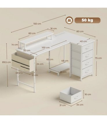 HOMCOM L Shaped Gaming Desk Reversible Power Outlets Corner Desk Storage Drawers Monitor Shelf 150 cm White