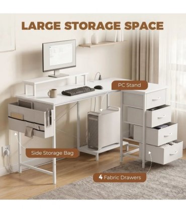 HOMCOM L Shaped Gaming Desk Reversible Power Outlets Corner Desk Storage Drawers Monitor Shelf 150 cm White