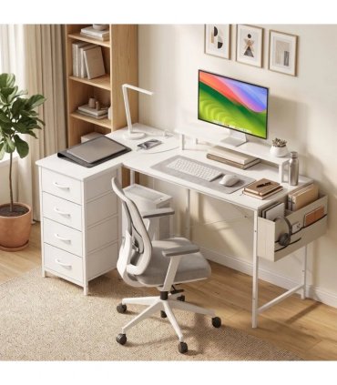 HOMCOM L Shaped Gaming Desk Reversible Power Outlets Corner Desk Storage Drawers Monitor Shelf 150 cm White