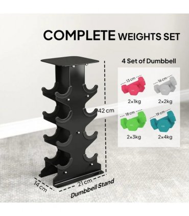 SPORTNOW Hex Dumbbells Set with Dumbbell Rack, Hand Weights for Home Gym Strength Training, 2 x 1kg, 2 x 2kg, 2 x 3kg, 2 x 4kg