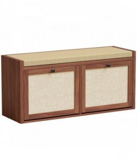 HOMCOM Rattan Shoe Bench with Padded Cushion and 2 Cabinets for Hidden Storage, Brown