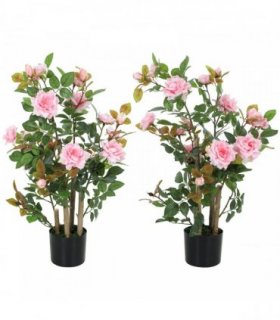 HOMCOM 90cm Artificial Rose Tree Set of 2, Decorative Fake Plant with 344 Silk Leaves 17 Flowers for Outdoor Indoor Decor, Pink