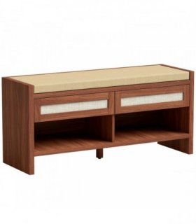 HOMCOM Boho Shoe Bench with 2 Rattan Drawers, Shoe Storage Bench with Cushioned Seat and Open Shelf Brown