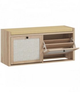 HOMCOM Rattan Shoe Bench with Padded Cushion and 2 Cabinets for Hidden Storage, Oak Wood Effect