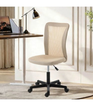 Vinsetto Computer Desk Chair, Mesh Office Chair with Adjustable Height and Swivel Wheels, Armless Study Chair, Beige
