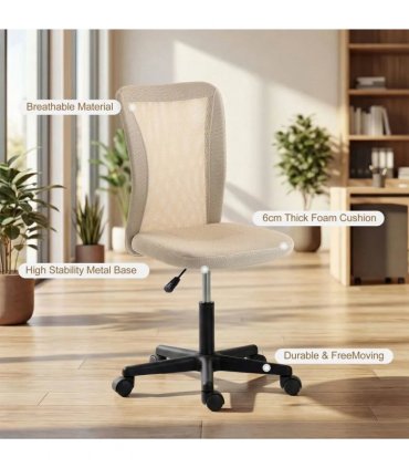 Vinsetto Computer Desk Chair, Mesh Office Chair with Adjustable Height and Swivel Wheels, Armless Study Chair, Beige