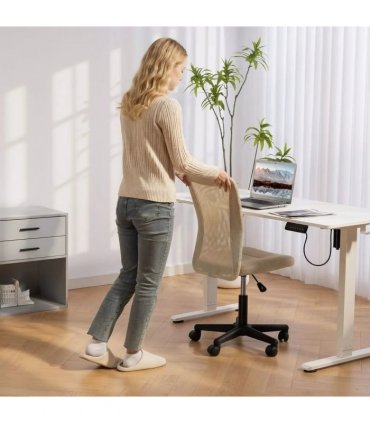 Vinsetto Computer Desk Chair, Mesh Office Chair with Adjustable Height and Swivel Wheels, Armless Study Chair, Beige