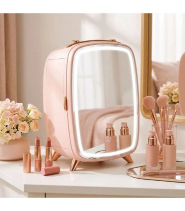 HOMCOM Skincare Refrigerator, 6L Mini Cosmetic Fridge with LED Mirror, Cooling Function for Bedroom, Skincare, Office, Pink