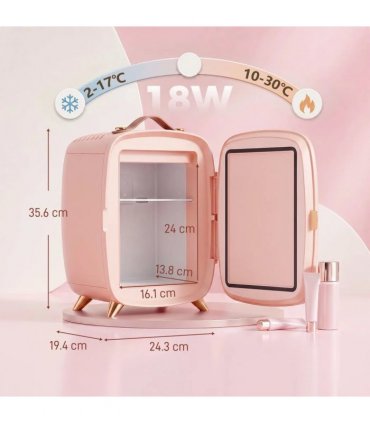 HOMCOM Skincare Refrigerator, 6L Mini Cosmetic Fridge with LED Mirror, Cooling Function for Bedroom, Skincare, Office, Pink