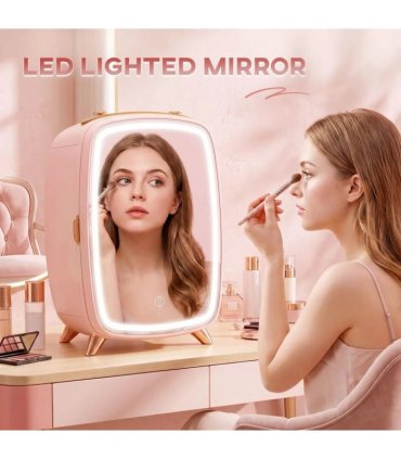 HOMCOM Skincare Refrigerator, 6L Mini Cosmetic Fridge with LED Mirror, Cooling Function for Bedroom, Skincare, Office, Pink