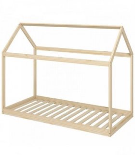HOMCOM Single Bed Frame, House Scandinavian Wooden Bed Frame for 90W x 190Dcm Mattress, Pine Wood Bed Base, Natural Wood Finish
