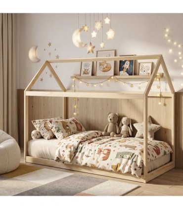 HOMCOM Single Bed Frame, House Scandinavian Wooden Bed Frame for 90W x 190Dcm Mattress, Pine Wood Bed Base, Natural Wood Finish