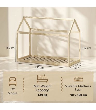 HOMCOM Single Bed Frame, House Scandinavian Wooden Bed Frame for 90W x 190Dcm Mattress, Pine Wood Bed Base, Natural Wood Finish