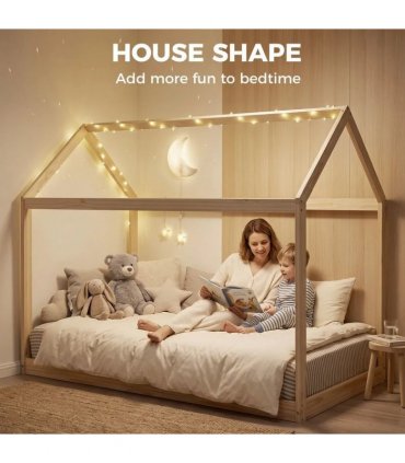 HOMCOM Single Bed Frame, House Scandinavian Wooden Bed Frame for 90W x 190Dcm Mattress, Pine Wood Bed Base, Natural Wood Finish