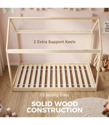 HOMCOM Single Bed Frame, House Scandinavian Wooden Bed Frame for 90W x 190Dcm Mattress, Pine Wood Bed Base, Natural Wood Finish
