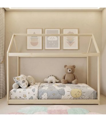 HOMCOM Single Bed Frame, House Scandinavian Wooden Bed Frame for 90W x 190Dcm Mattress, Pine Wood Bed Base, Natural Wood Finish