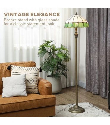 HOMCOM Tiffany-Style Floor Lamp with Handcrafted Stained Glass Shade, 152cm Tall Vintage Standing Lamp, Bronze Tone and Green