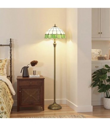 HOMCOM Tiffany-Style Floor Lamp with Handcrafted Stained Glass Shade, 152cm Tall Vintage Standing Lamp, Bronze Tone and Green