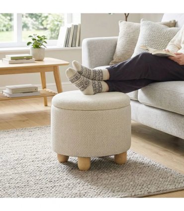 HOMCOM Storage Sitting Bench with Lid, Round Storage Ottoman with Rubberwood Legs, Beige