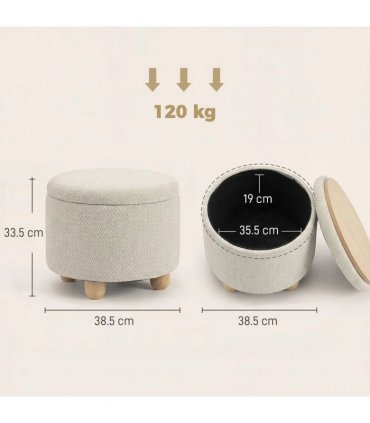 HOMCOM Storage Sitting Bench with Lid, Round Storage Ottoman with Rubberwood Legs, Beige