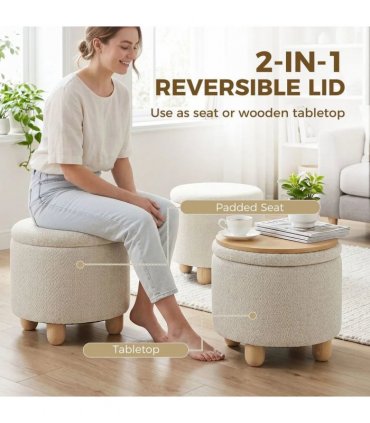 HOMCOM Storage Sitting Bench with Lid, Round Storage Ottoman with Rubberwood Legs, Beige