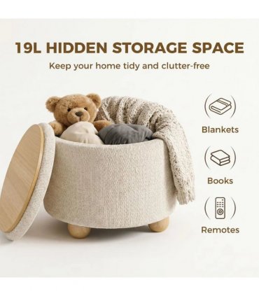HOMCOM Storage Sitting Bench with Lid, Round Storage Ottoman with Rubberwood Legs, Beige