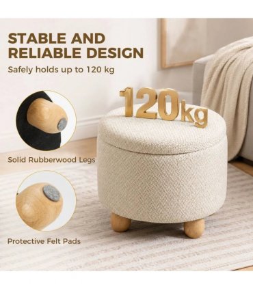 HOMCOM Storage Sitting Bench with Lid, Round Storage Ottoman with Rubberwood Legs, Beige