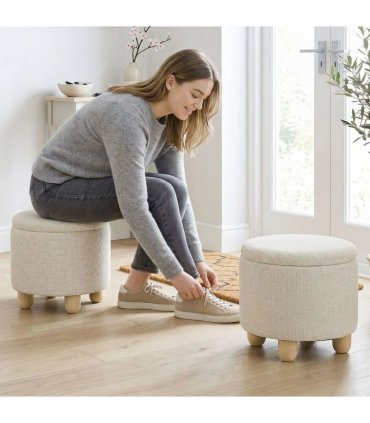 HOMCOM Storage Sitting Bench with Lid, Round Storage Ottoman with Rubberwood Legs, Beige