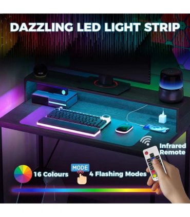 HOMCOM Gaming Desk, 100cm Computer Desk with LED Lights, Power Outlets, Monitor Stand and Remote, Black Wood-Effect