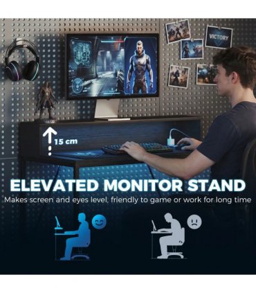 HOMCOM Gaming Desk, 100cm Computer Desk with LED Lights, Power Outlets, Monitor Stand and Remote, Black Wood-Effect