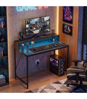 HOMCOM Gaming Desk, 100cm Computer Desk with LED Lights, Power Outlets, Monitor Stand and Remote, Black Wood-Effect