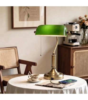 HOMCOM Desk Lamp with USB Ports, Banker's Table Lamp Desk Lamp with Vintage Bronze Tone Base and Pull Rope Switch, Green