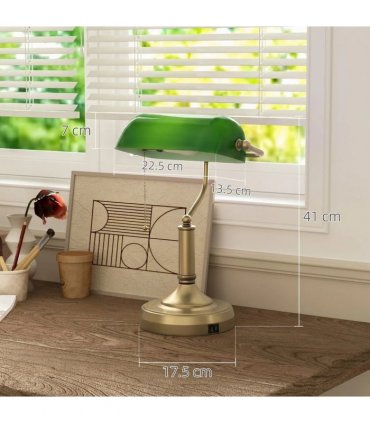 HOMCOM Desk Lamp with USB Ports, Banker's Table Lamp Desk Lamp with Vintage Bronze Tone Base and Pull Rope Switch, Green