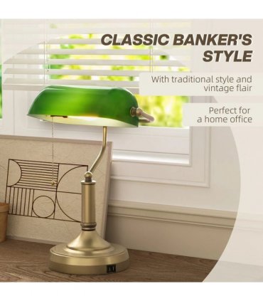 HOMCOM Desk Lamp with USB Ports, Banker's Table Lamp Desk Lamp with Vintage Bronze Tone Base and Pull Rope Switch, Green