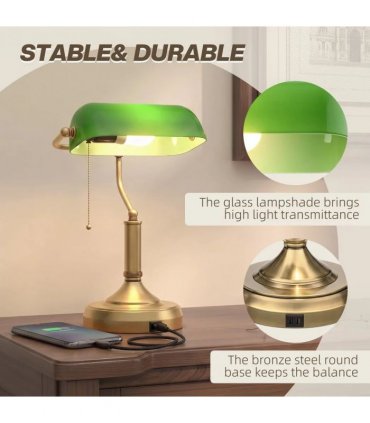 HOMCOM Desk Lamp with USB Ports, Banker's Table Lamp Desk Lamp with Vintage Bronze Tone Base and Pull Rope Switch, Green