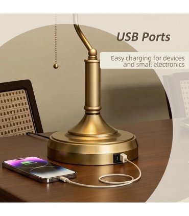 HOMCOM Desk Lamp with USB Ports, Banker's Table Lamp Desk Lamp with Vintage Bronze Tone Base and Pull Rope Switch, Green