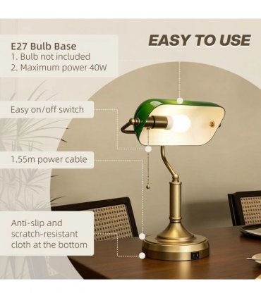 HOMCOM Desk Lamp with USB Ports, Banker's Table Lamp Desk Lamp with Vintage Bronze Tone Base and Pull Rope Switch, Green