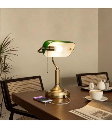 HOMCOM Desk Lamp with USB Ports, Banker's Table Lamp Desk Lamp with Vintage Bronze Tone Base and Pull Rope Switch, Green