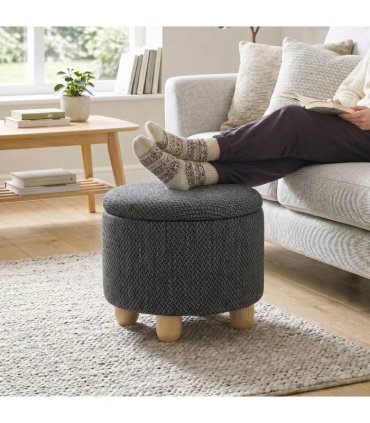 HOMCOM Storage Sitting Bench with Lid, Round Storage Ottoman with Rubberwood Legs, Dark Grey