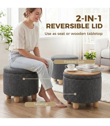 HOMCOM Storage Sitting Bench with Lid, Round Storage Ottoman with Rubberwood Legs, Dark Grey