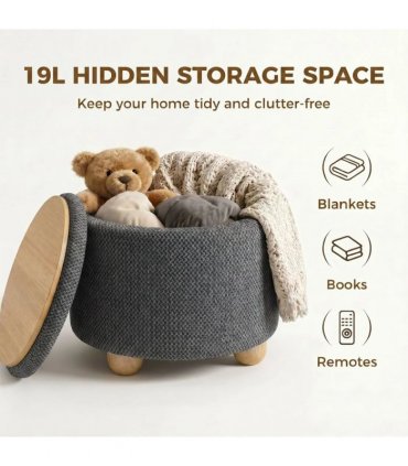 HOMCOM Storage Sitting Bench with Lid, Round Storage Ottoman with Rubberwood Legs, Dark Grey